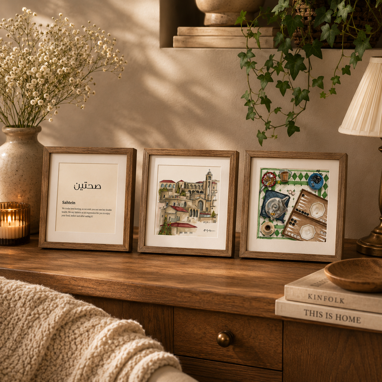Hand-painted Sufrati artwork framed on a console